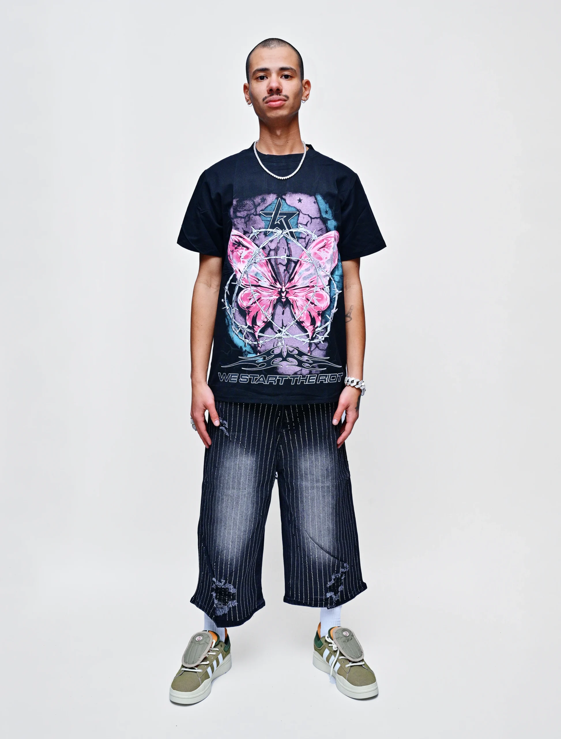 LUCENT DRIP – RHINESTONE FADED DENIM LONG SHORTS - Image 2