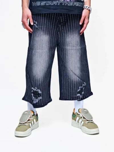 LUCENT DRIP – RHINESTONE FADED DENIM LONG SHORTS