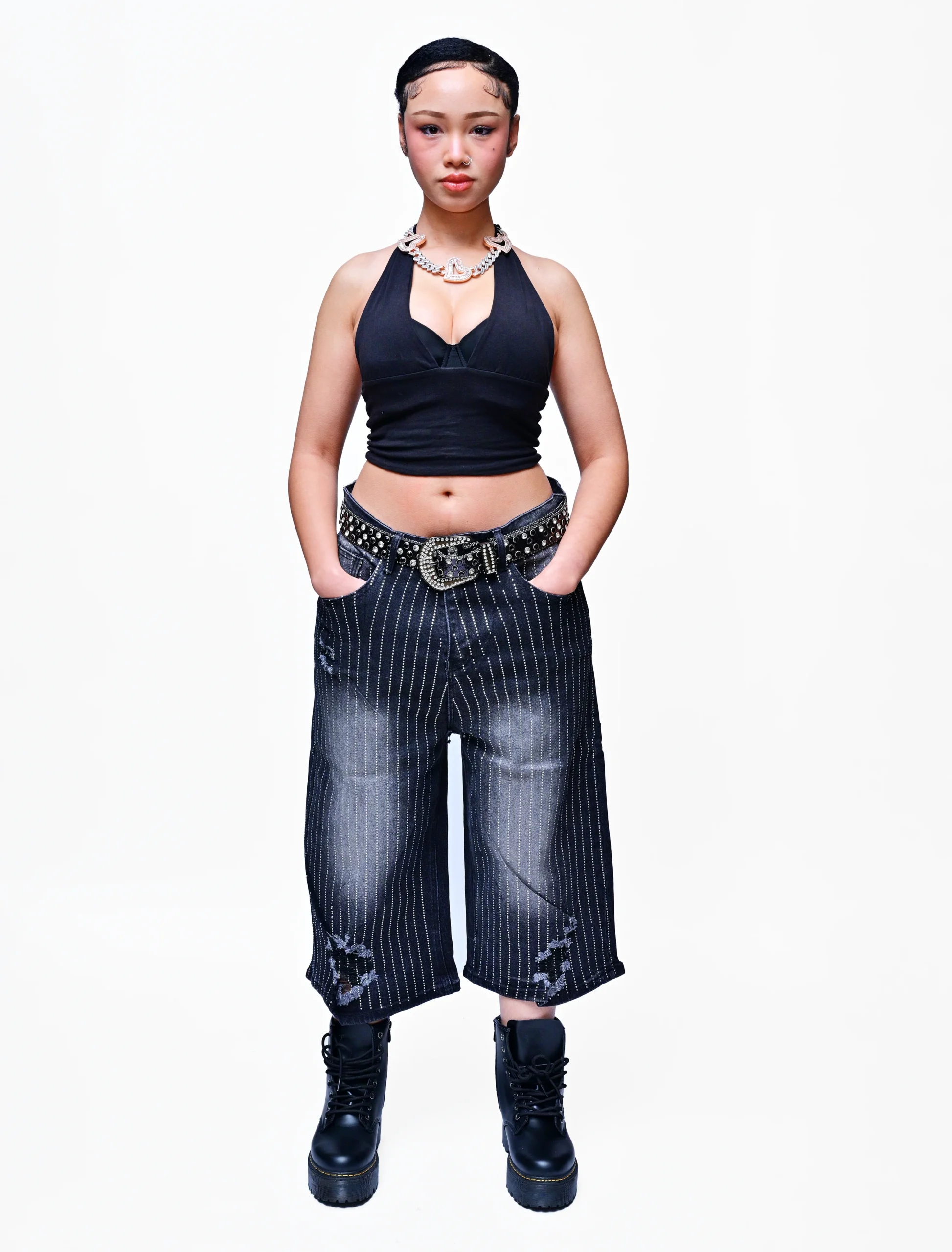 LUCENT DRIP – RHINESTONE FADED DENIM LONG SHORTS - Image 3