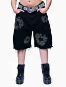 EVRY BLOOM – BLACK RHINESTONE FLOWER DENIM SHORTS