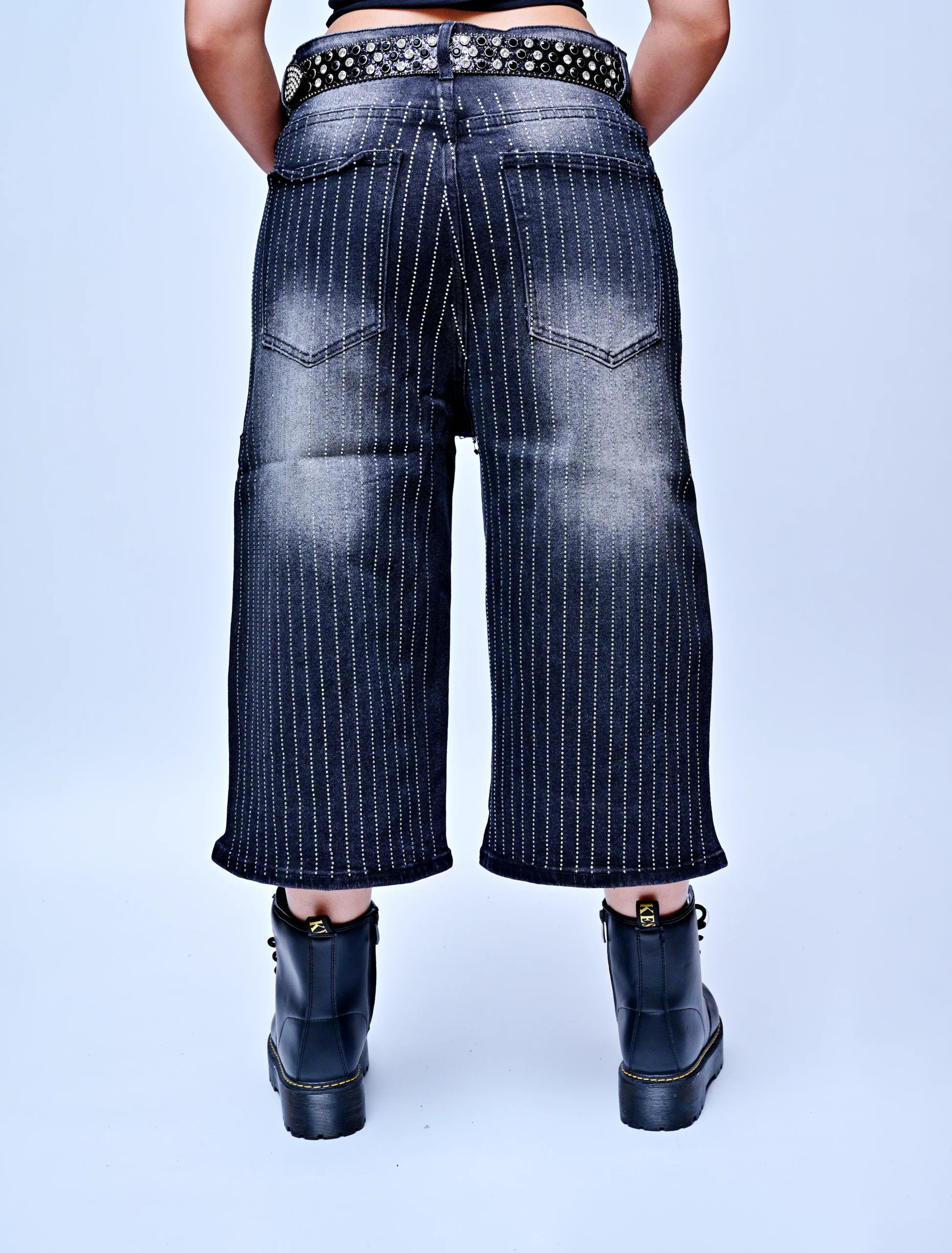 LUCENT DRIP – RHINESTONE FADED DENIM LONG SHORTS - Image 4